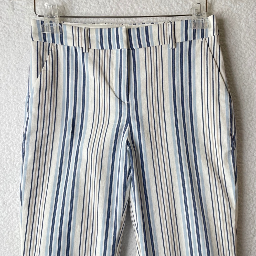 Express Columnist Ankle Mid Rise Pants Blue Tan Vertical Stripe Size 00L